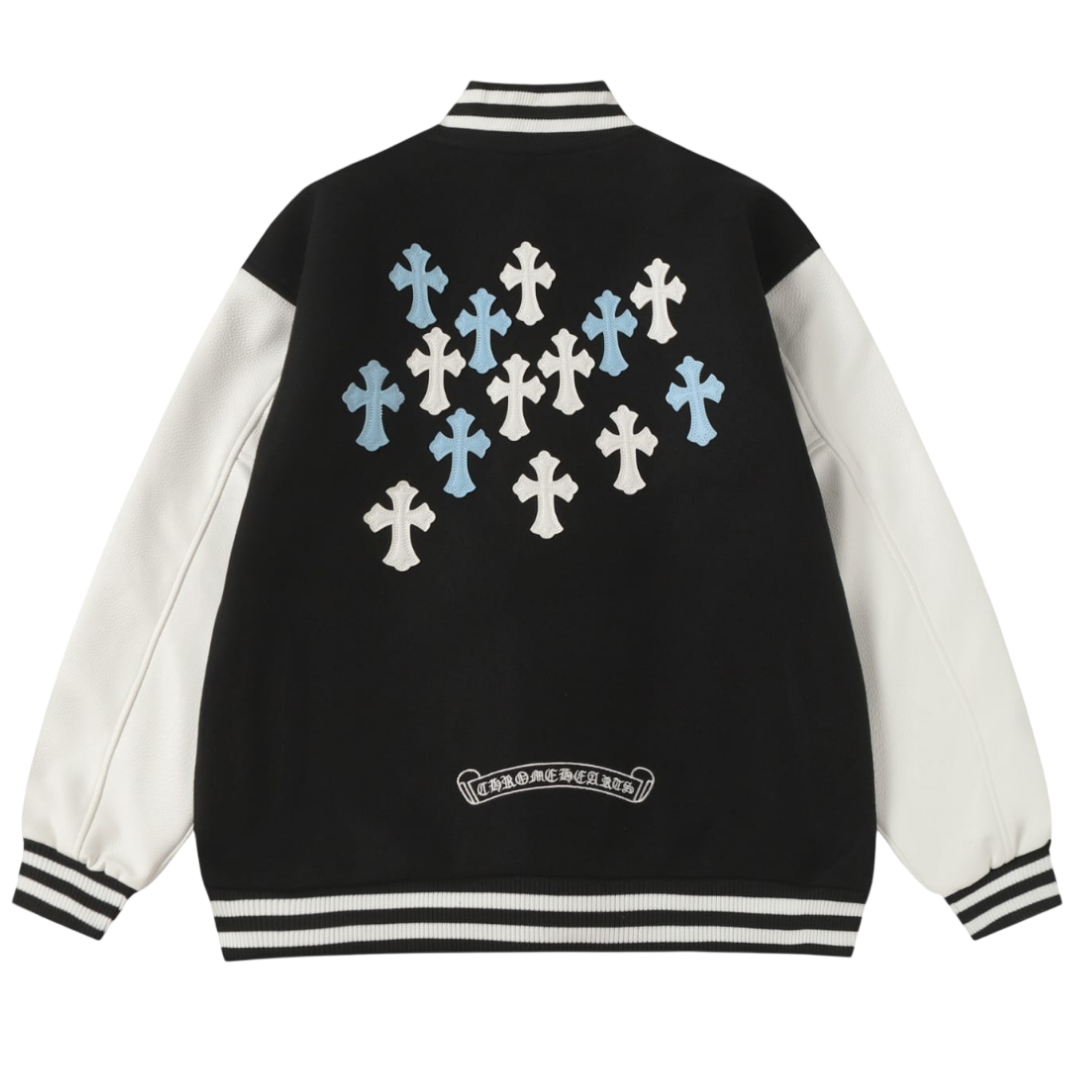Chrome Hearts Leather Cross Patch Varsity Jacket 'Black/White'