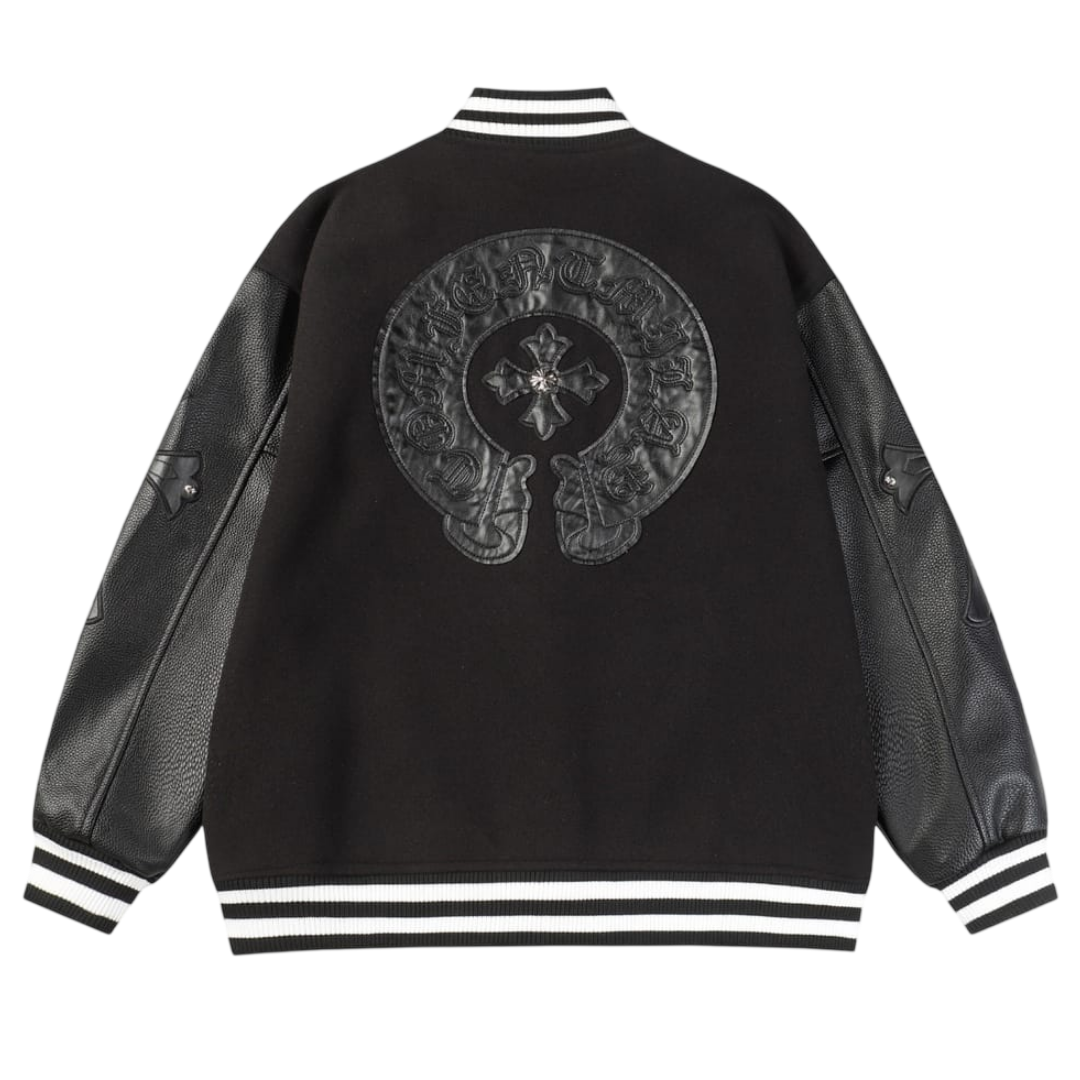 Chrome Hearts Tonal Leather Horseshoe Varsity Jacket 'Black'