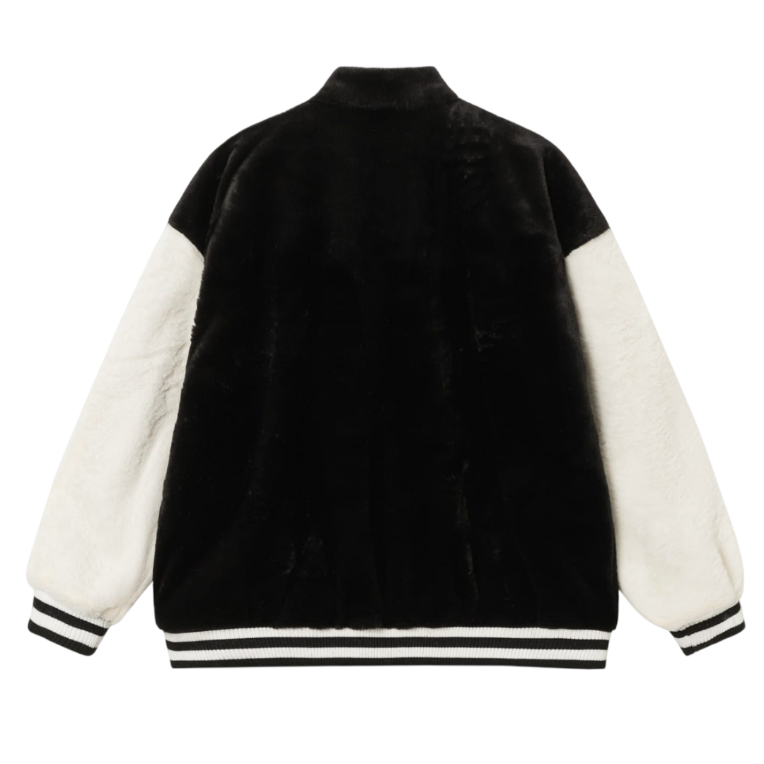 Chrome Hearts Style Faux Fur Cross Patch Varsity Jacket 'Black/White'