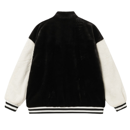 Chrome Hearts Style Faux Fur Cross Patch Varsity Jacket 'Black/White'