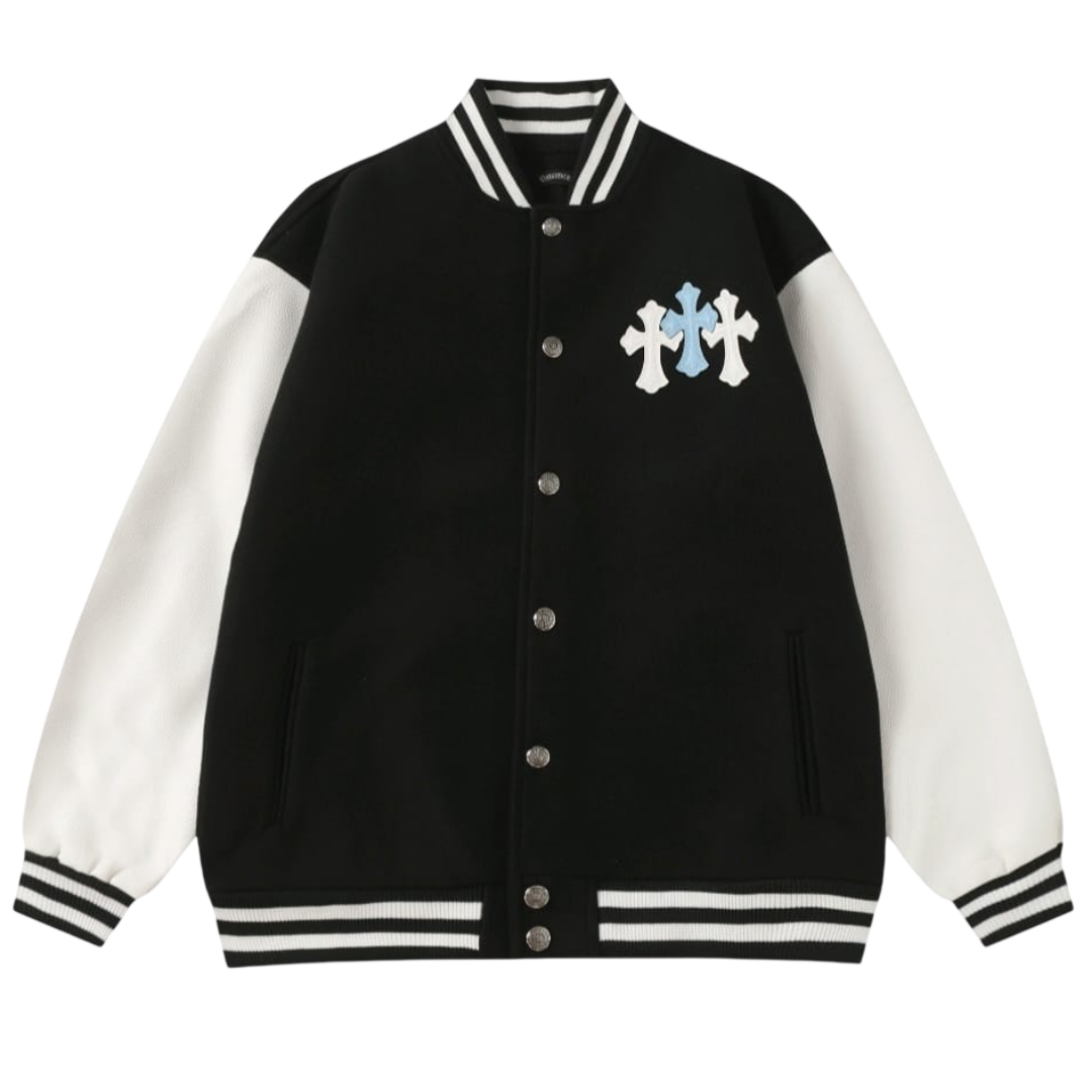 Chrome Hearts Leather Cross Patch Varsity Jacket 'Black/White'