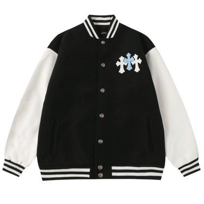 Chrome Hearts Leather Cross Patch Varsity Jacket 'Black/White'