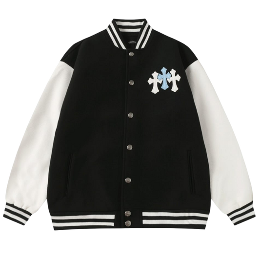Chrome Hearts Leather Cross Patch Varsity Jacket 'Black/White'