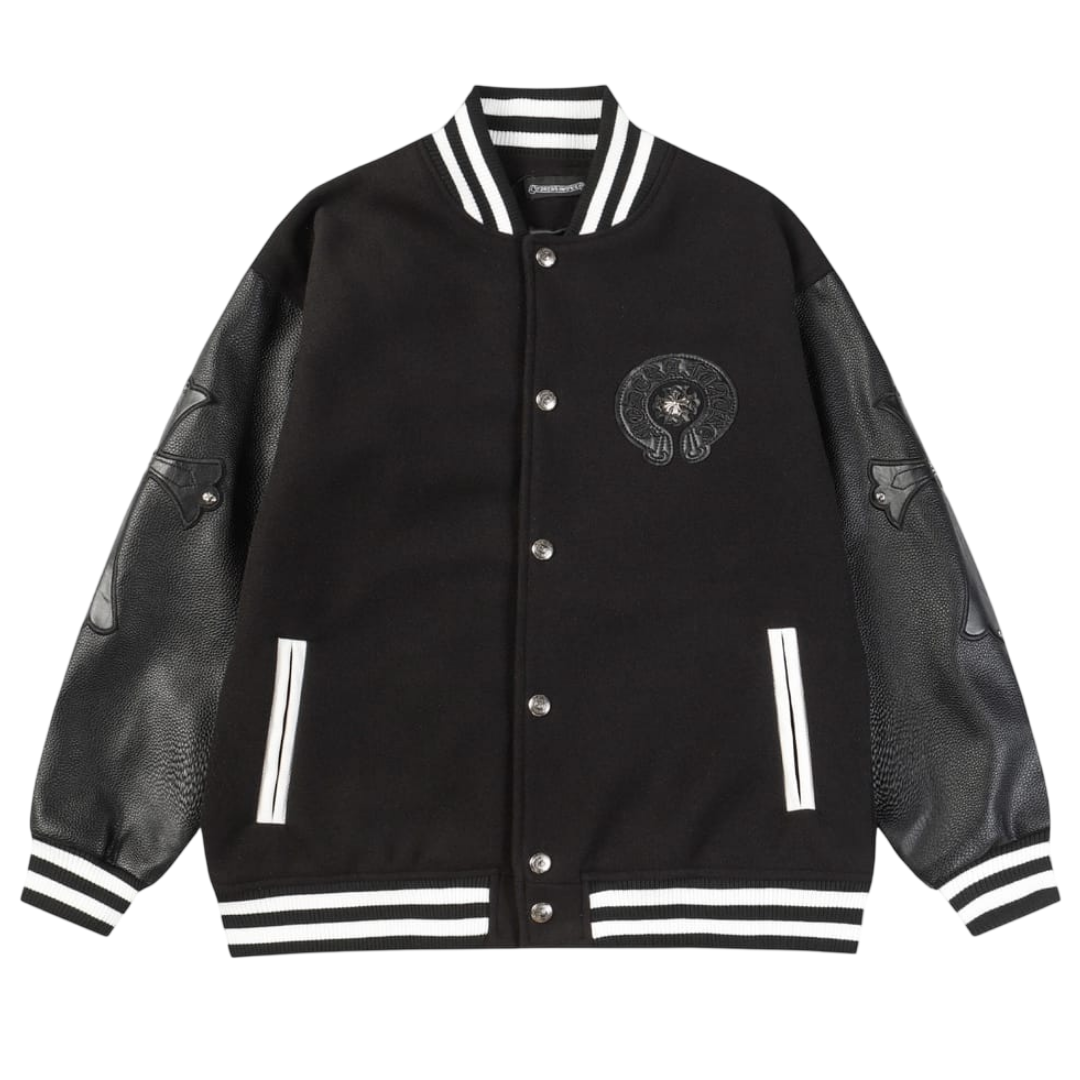 Chrome Hearts Tonal Leather Horseshoe Varsity Jacket 'Black'