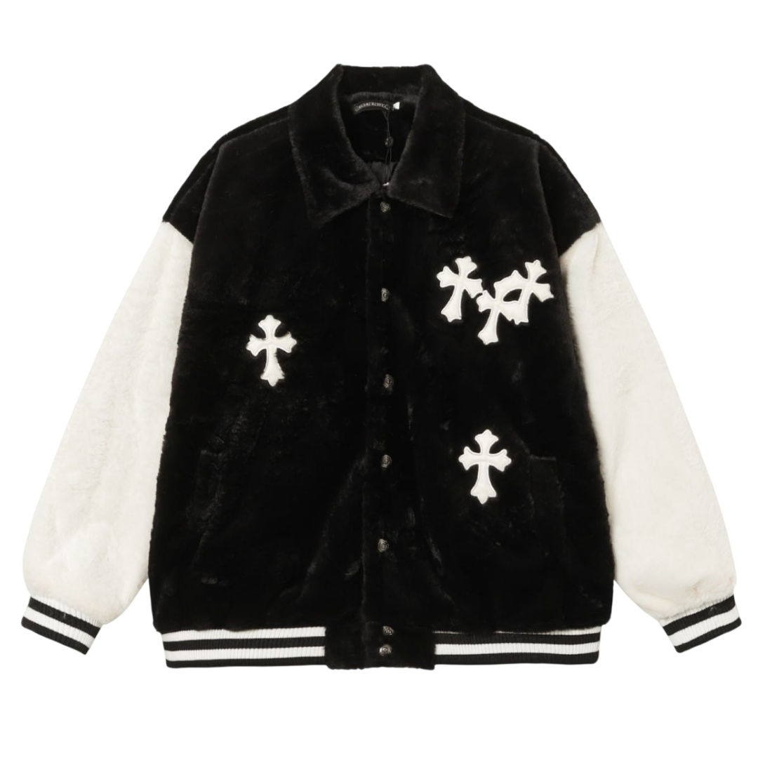 Chrome Hearts Style Faux Fur Cross Patch Varsity Jacket 'Black/White'