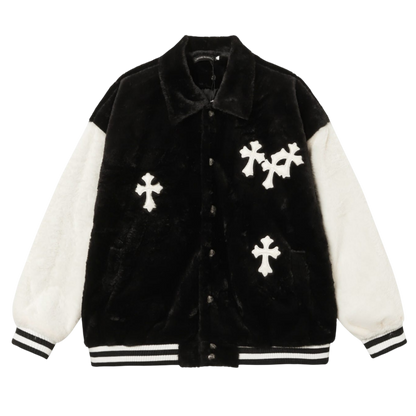 Chrome Hearts Style Faux Fur Cross Patch Varsity Jacket 'Black/White'