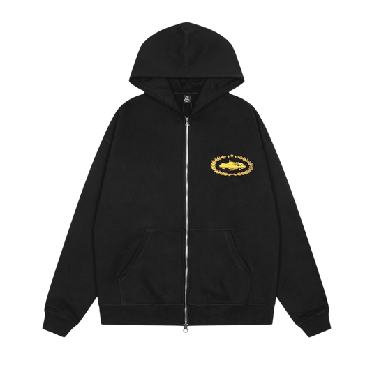 Corteiz Alcatraz Laurel Wreath Full-Zip Hoodie 'Black/Yellow'
