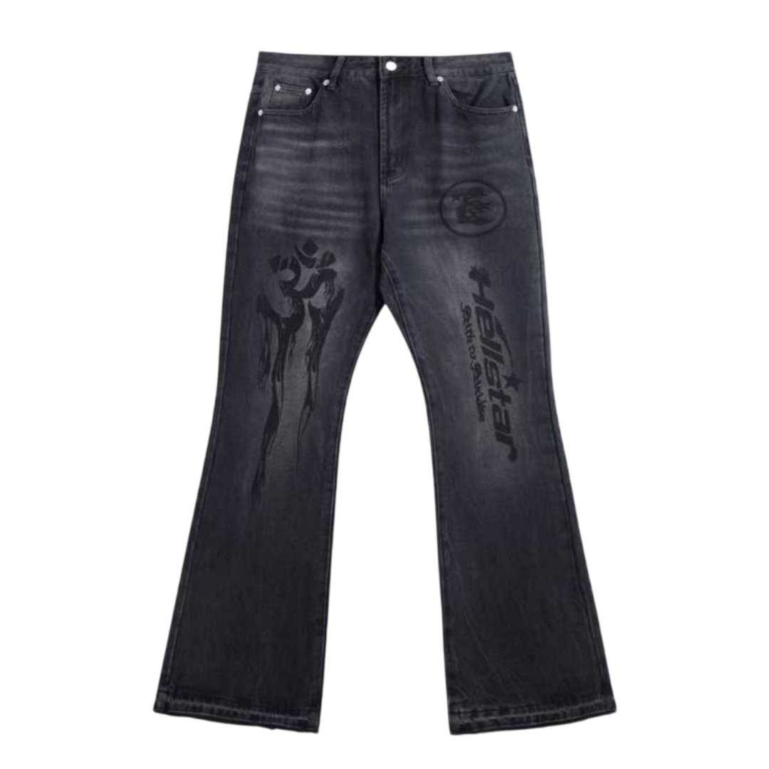 Hellstar Studios Flared Graphic Jeans 'Washed Black/Vintage Grey'