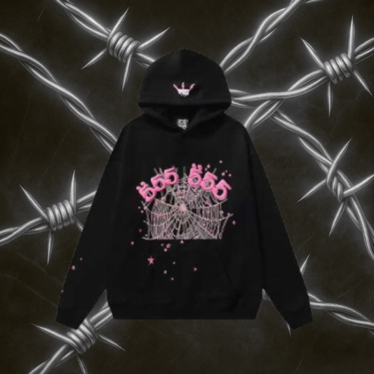 Sp5der Angel Number 555 Hoodie "Black & Pink"